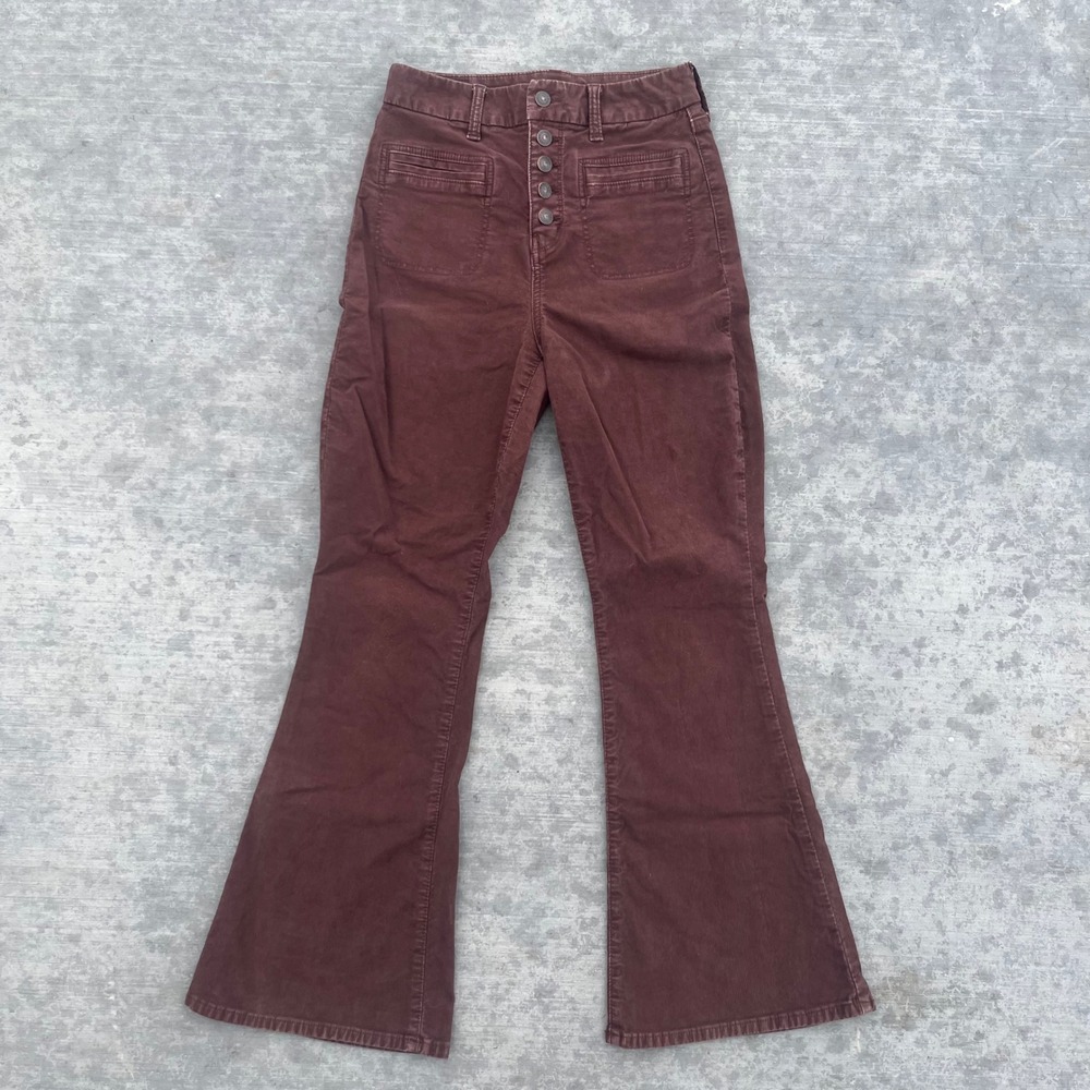 American Eagle Curvy Super Hi-Rise Flare Corduroy Pants Burgundy Button Fly 4 S